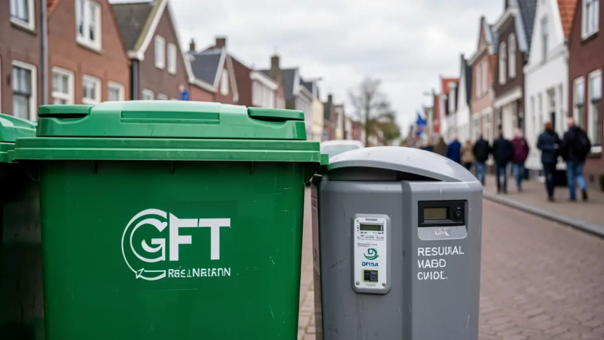 Close-up of a green GFT waste bin and a grey residual waste bin with a Diftar meter visible, placed on a paved street in Flanders, with a blurred background of typical Flemish houses and a cloudy sky.