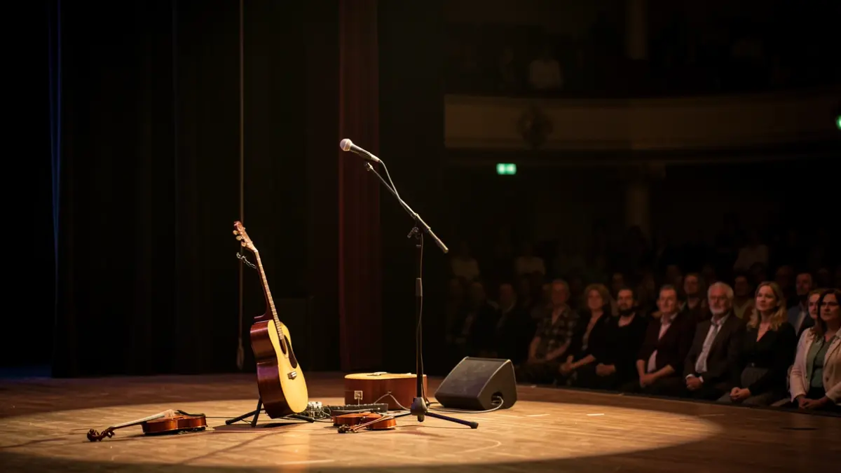 Een lege podium met een microfoonstandaard en muziekinstrumenten, klaar voor een intiem concert.