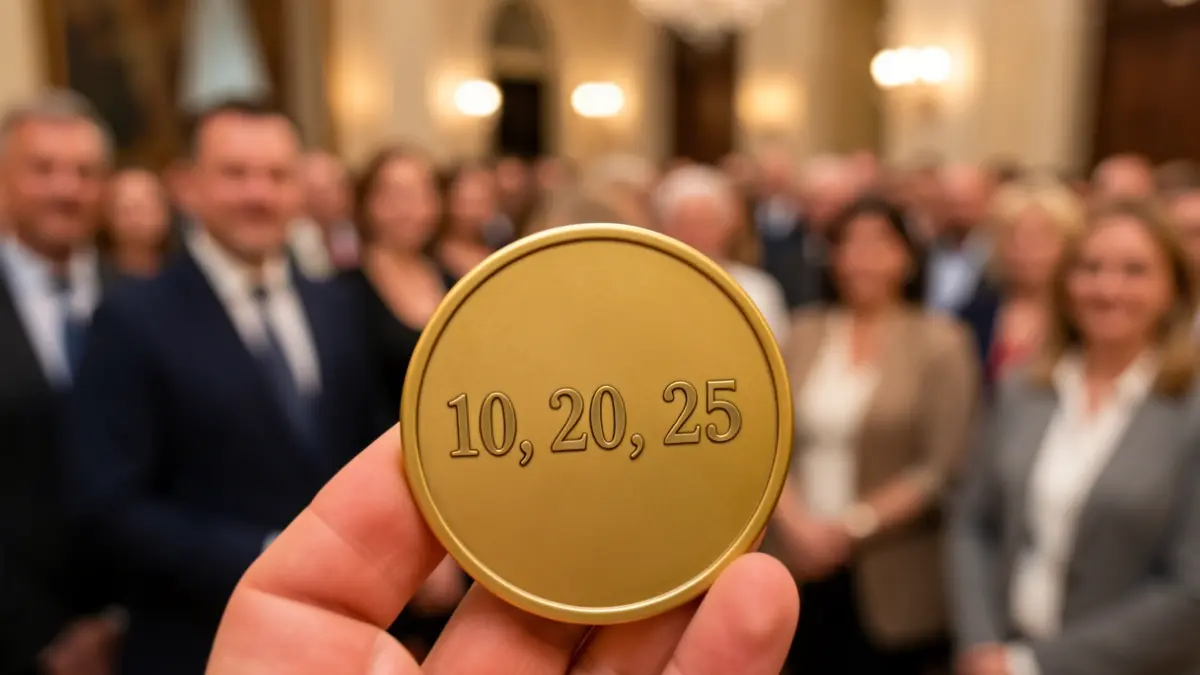 Gedetailleerde foto van een medaille met jaartallen, uitgereikt tijdens een huldiging voor langdurige inzet.