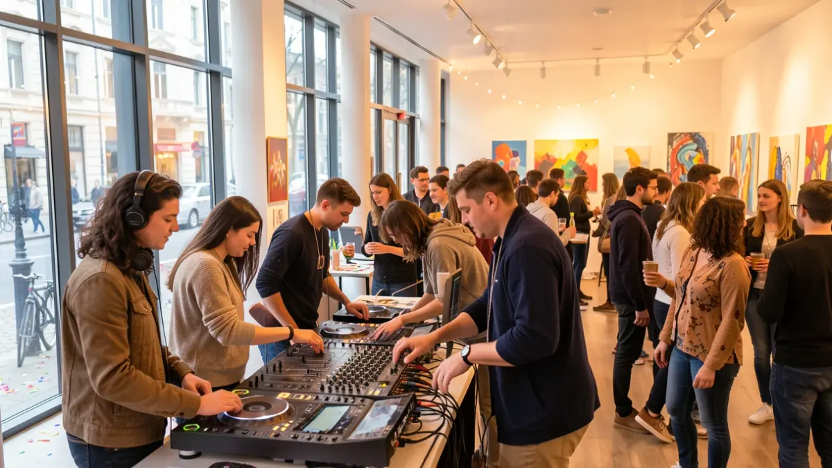 Feestelijke bijeenkomst van jongeren in een moderne ontmoetingsplek, met muziek en creatieve activiteiten.