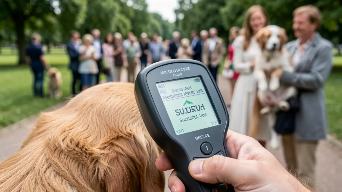 A close-up of a pet microchip scanner showing a successful read, with a blurred background of a park and people holding pets.