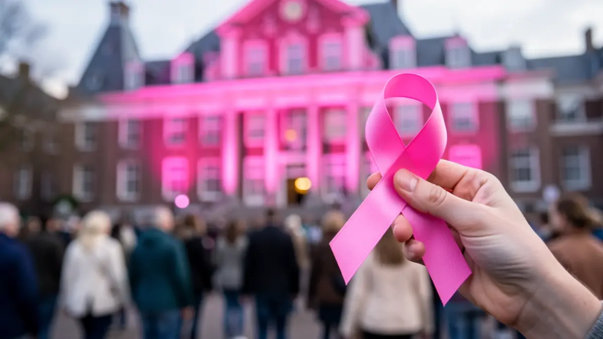 Generieke afbeelding van solidariteit tegen borstkanker in Vlaanderen, met een roze verlicht Provinciehuis en een hand die een roze lintje vasthoudt.