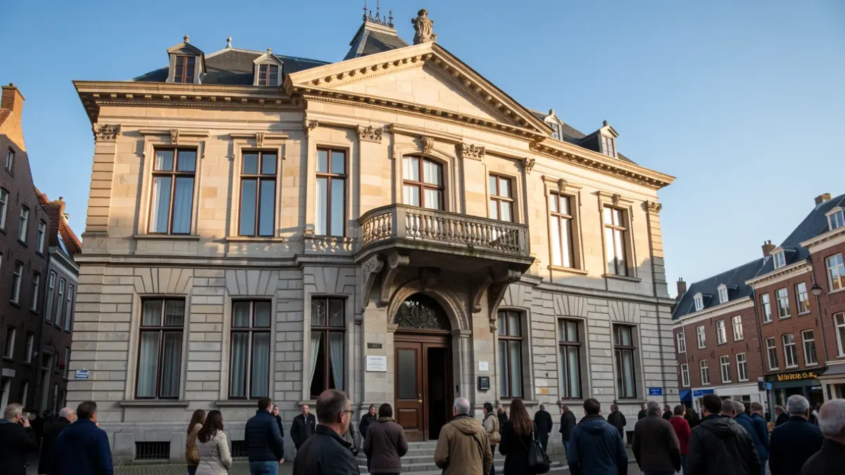 The town hall of Wetteren, a classic Flemish building with a stone facade and an ornate balcony, in warm afternoon sunlight under a blue sky.
