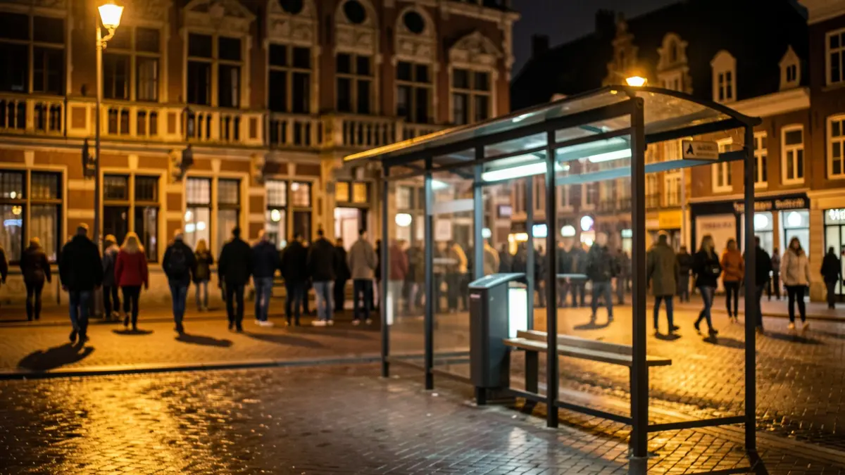 Een wazige foto van een bushalte in Mechelen 's nachts, met Vlaamse architectuur op de achtergrond.