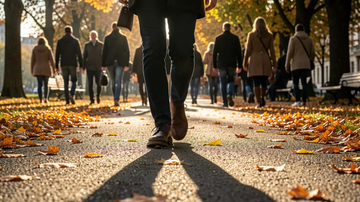 Voetganger die stappen zet op een pad met herfstbladeren.