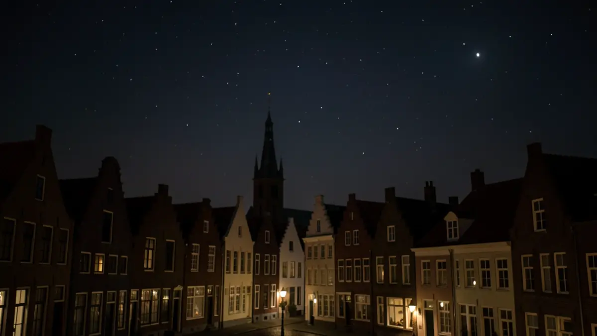 Nachtelijke hemel boven een Vlaamse gemeente waar de verlichting gedimd is, met sterren en de maan zichtbaar boven typische Vlaamse architectuur.