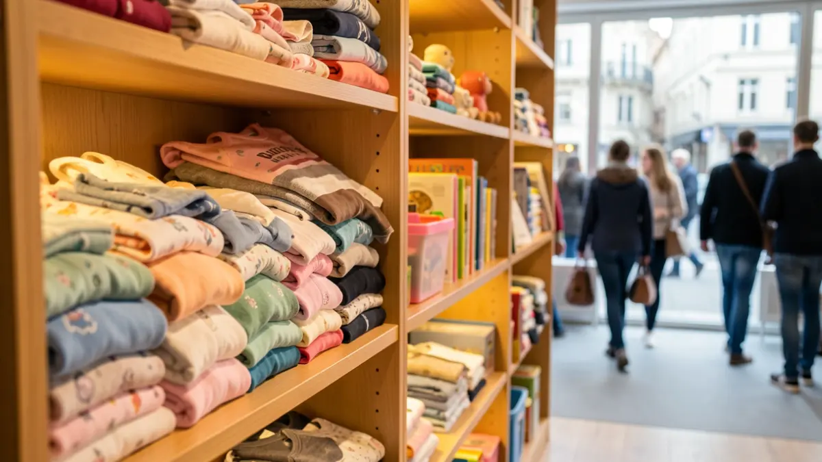 Een generieke afbeelding van tweedehands kinderkleding en speelgoed, netjes opgesteld.