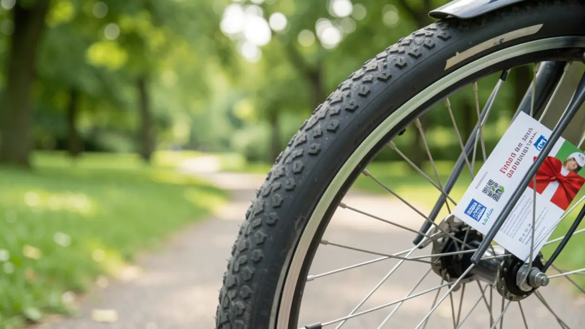 A bicycle wheel with a gift voucher, on a path in a green park. Evokes local community spirit and sustainable transport.