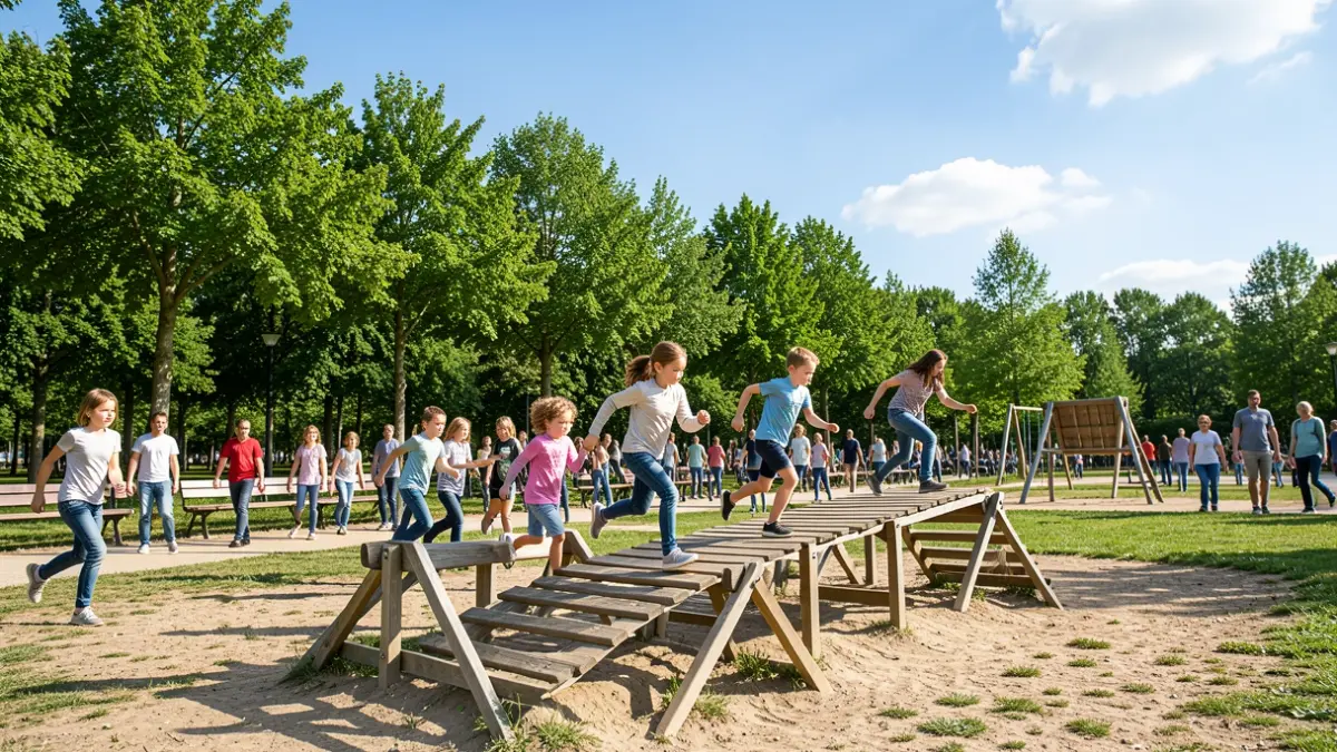 Kinderen nemen deel aan een hindernissenparcours in Asiat Park, Vilvoorde.
