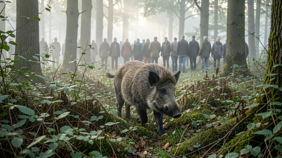 A wild boar moves cautiously through dense undergrowth in a Flemish forest, early morning mist, soft natural light.