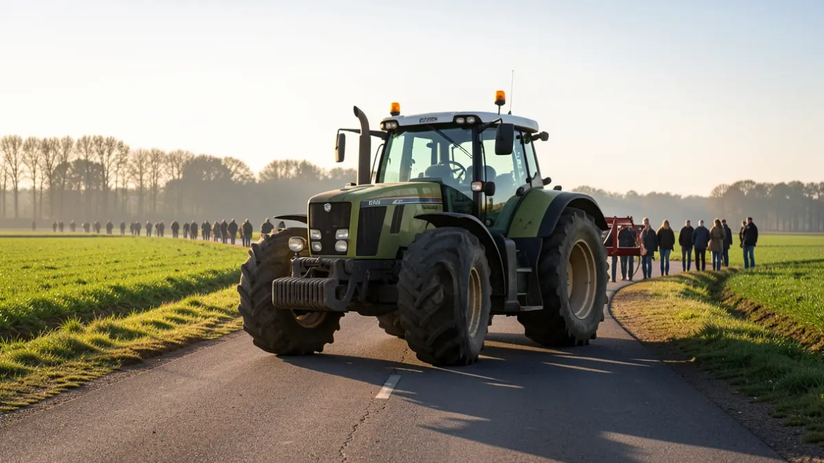 Grote tractor met oogstmachine op een Vlaamse weg tijdens de oogstperiode, met lange schaduwen door laagstaande zon.