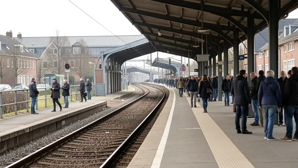 Generic image of an empty train station in Genk with tracks disappearing into the distance.
