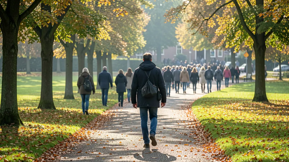 Een persoon die wandelt op een pad in een groen park in Vlaanderen, met herfstbladeren op de grond. De zon schijnt en werpt zacht licht. Documentaire fotografie stijl.