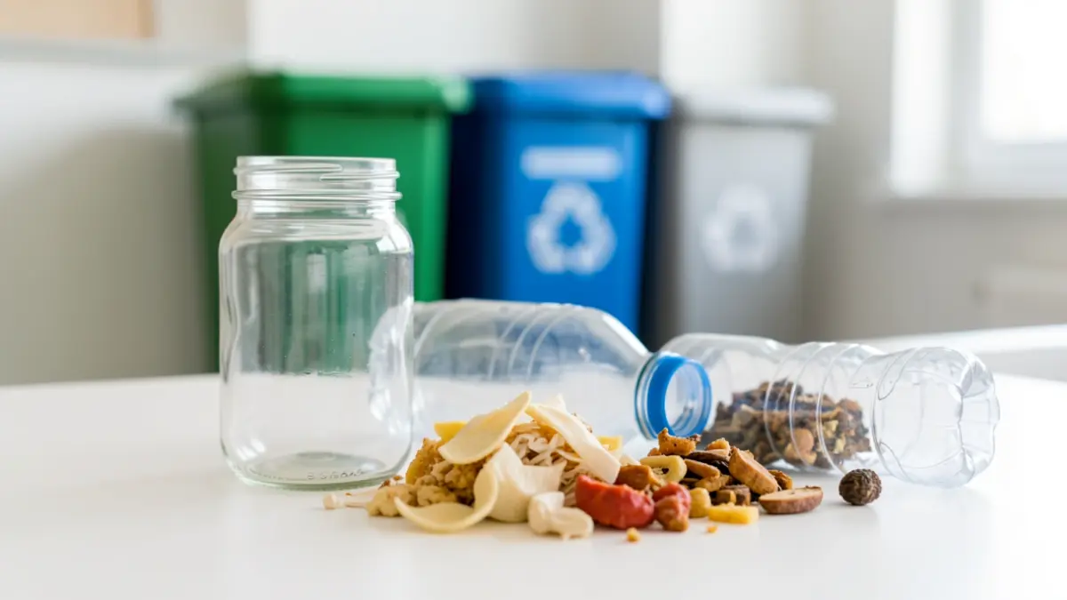Close-up van gesorteerd afval zoals een glazen pot, plastic fles en voedselresten, netjes gerangschikt op een schone ondergrond, met een vage achtergrond van afvalbakken. Heldere, schone verlichting.