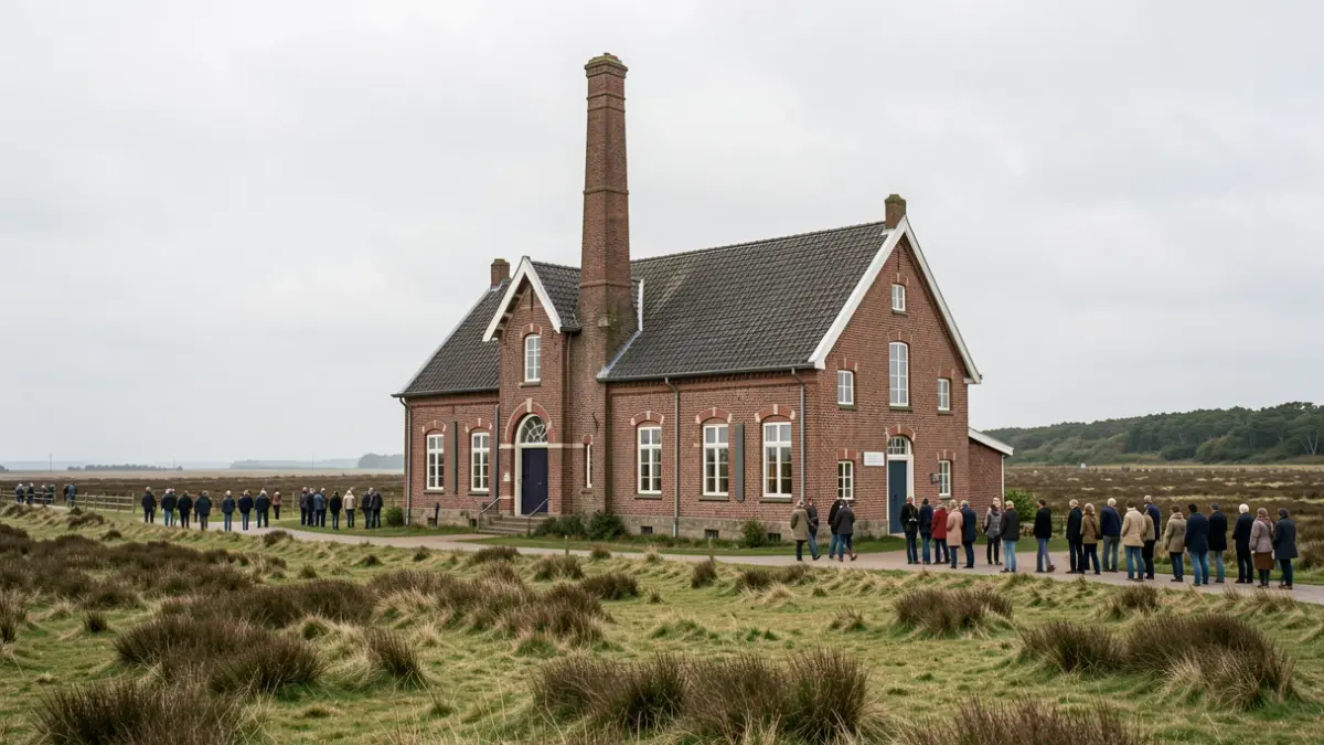 Historisch bakstenen melkerijgebouw met schoorsteen aan de rand van een heidelandschap in Vlaanderen.