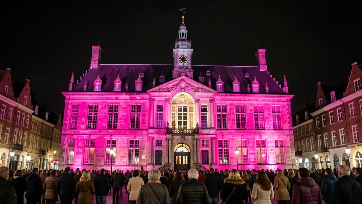 Gebouw van het gemeentehuis van Merchtem verlicht in roze voor de Internationale Borstkankermaand.