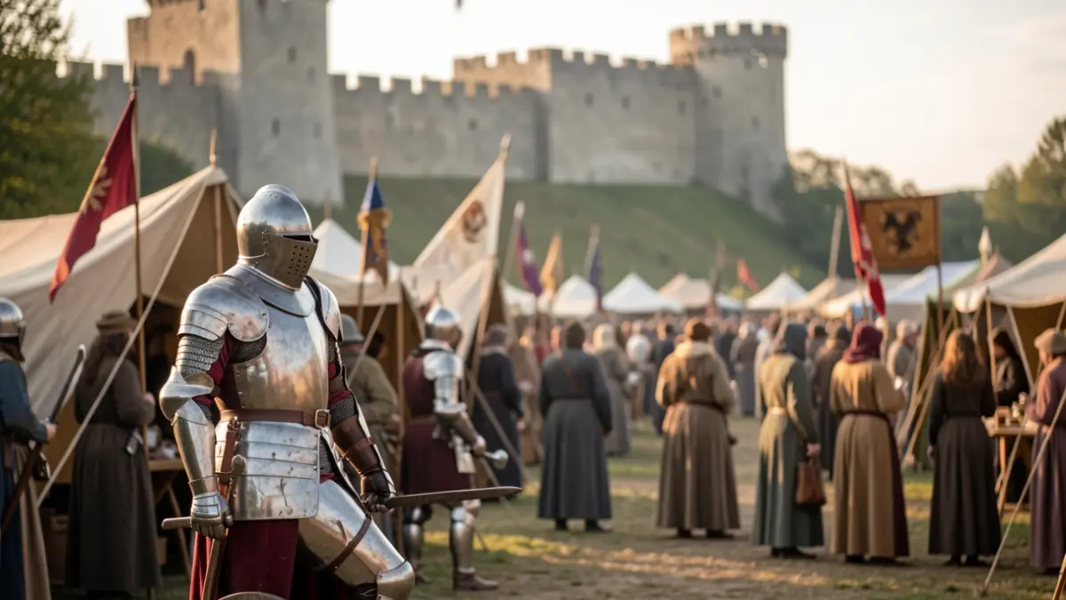 Middeleeuws re-enactment evenement bij Kasteel van Gaasbeek met tentenkamp en ridders.