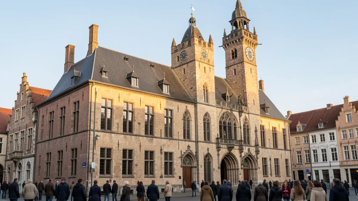 De historische gevel van het stadhuis van Hoogstraten met de middeleeuwse klokkentoren, in warm middaglicht.