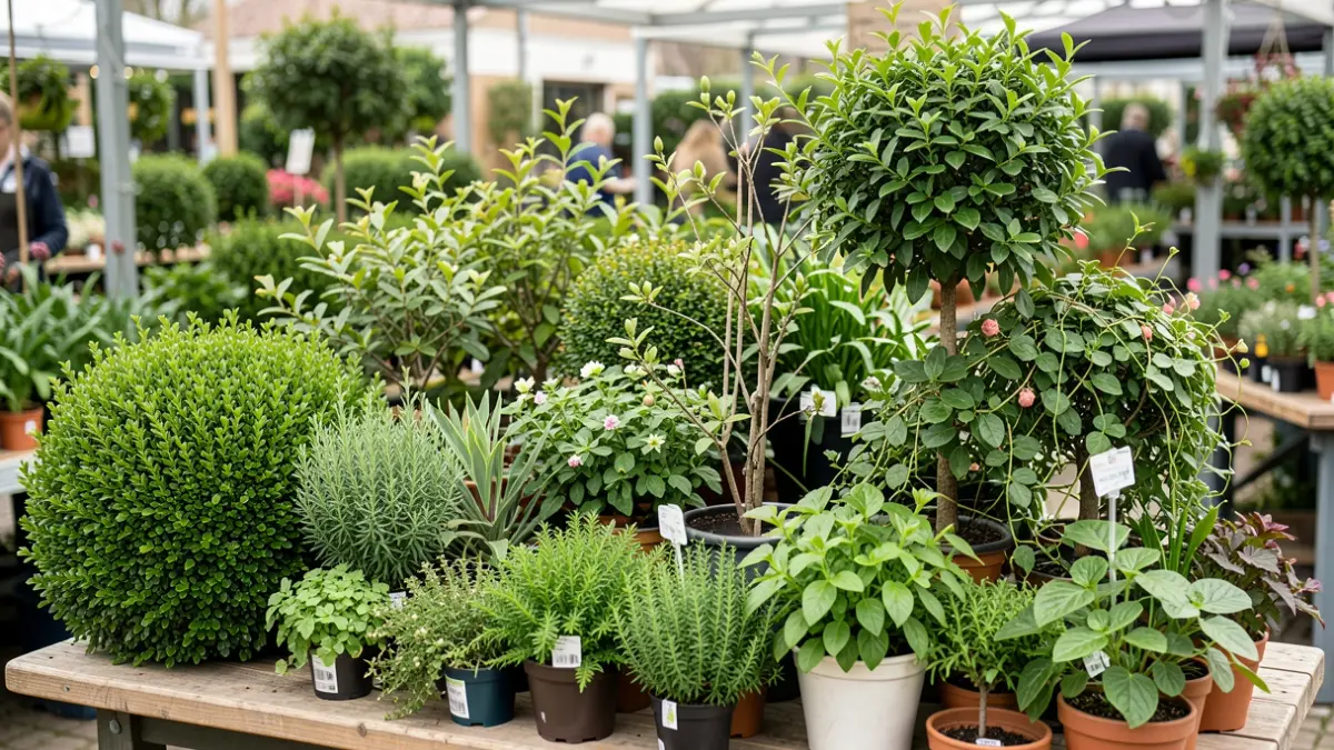 An assortment of native Belgian plants, including hedges, trees, and climbing plants, displayed in a garden center setting.