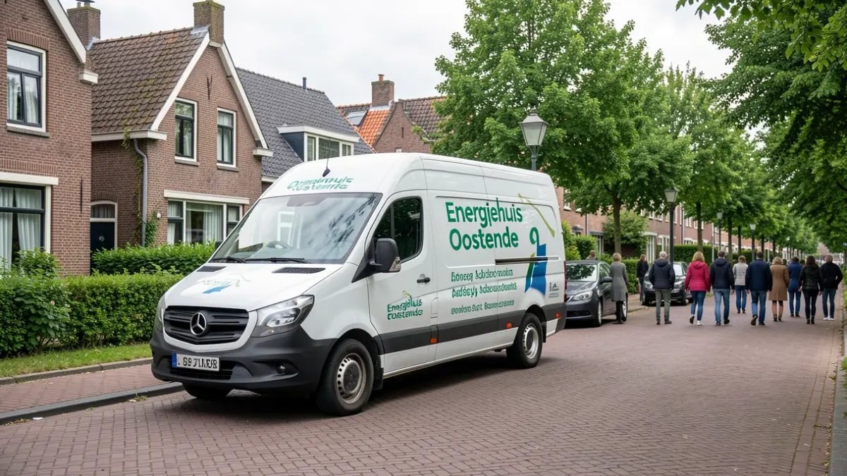 Mobiel Energiehuis van Energiehuis Oostende geparkeerd in een woonwijk in Vlaanderen.