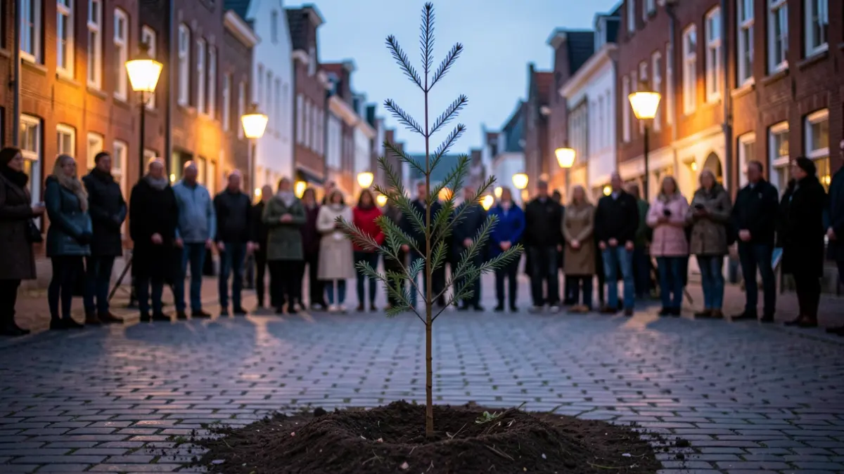 Symbolic peace tree ceremony in a Flemish town square at dusk, with blurred figures in the background, warm streetlights, a young tree planted.