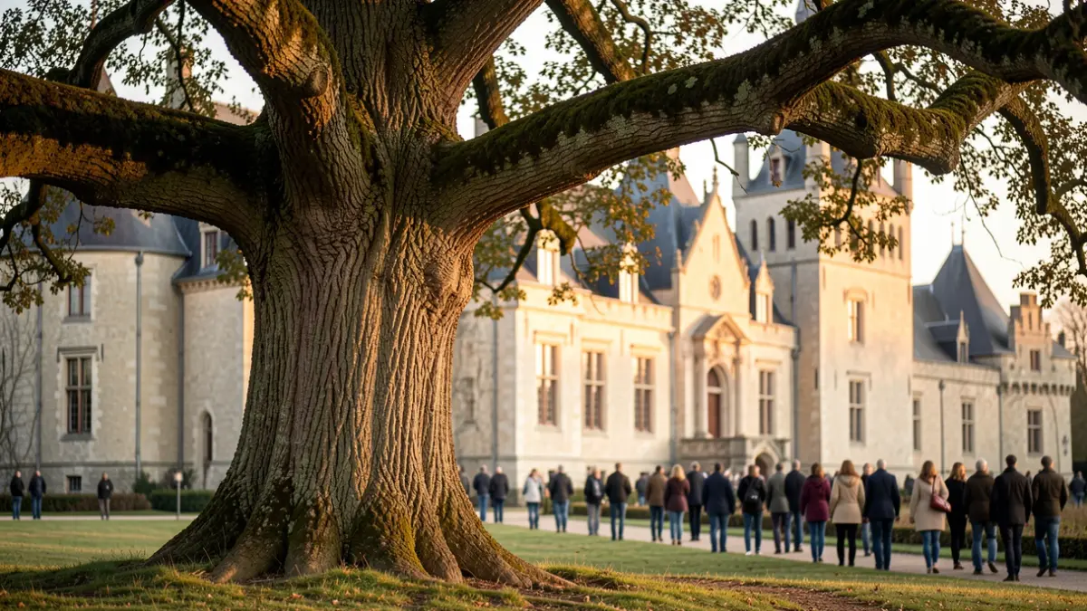 A monumental oak tree next to Kasteel van Gaasbeek, photographed in the warm afternoon sun with the castle in the background.