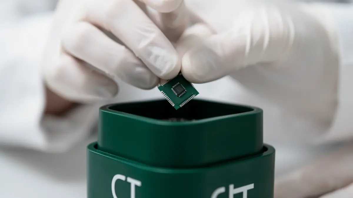 Close-up of a chip being placed into a GFT container.