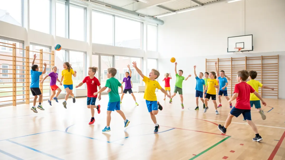 Kinderen in kleurrijke sportkledij nemen deel aan diverse bewegingsactiviteiten zoals springen, klimmen en werpen in een lichte, moderne gymzaal in Vlaanderen. De sfeer is speels en energiek, met zacht daglicht dat de scène verlicht. Focus op beweging en plezier, niet op specifieke personen.