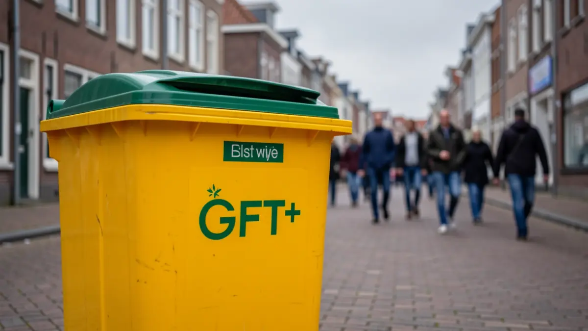 Nieuwe gele GFT+ afvalbak met groen deksel op een straat in Oostende, met op de achtergrond huizen en een grijze hemel.