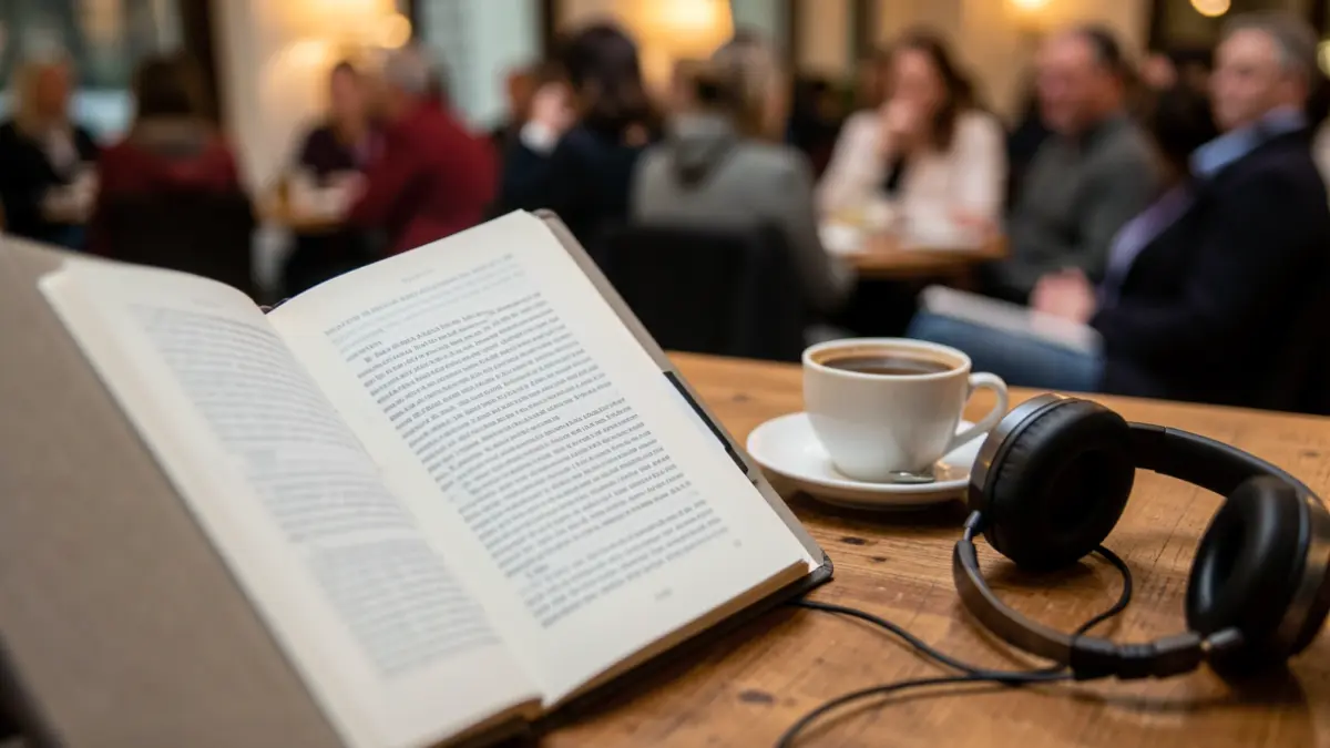 Een e-boeklezer met een kop koffie en koptelefoon op een houten tafel.
