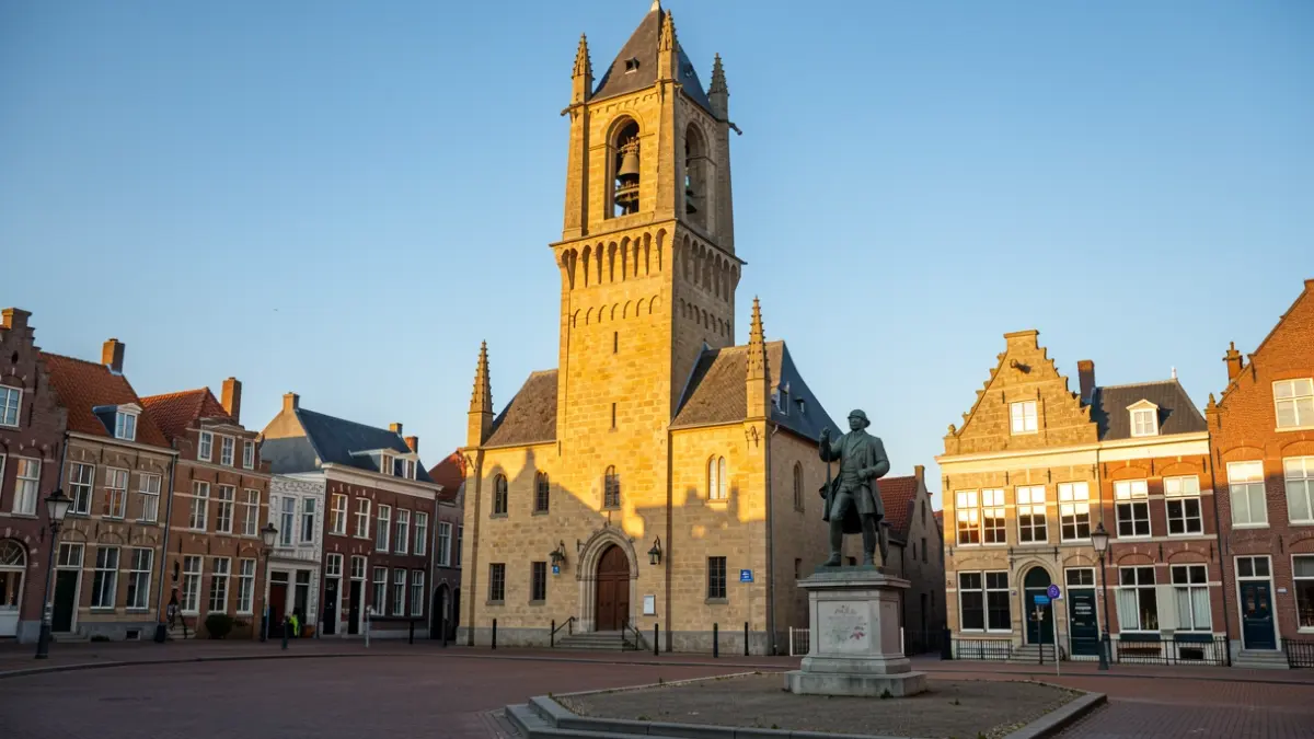 The facade of the historic Aalst Belfort tower, a UNESCO World Heritage site, with warm afternoon sunlight casting long shadows on the sandstone. In the foreground, subtle borders define a public square area. The statue of Dirk Martens is visible nearby. The scene is set in Flanders, with typical Belgian architecture and a clear blue sky.