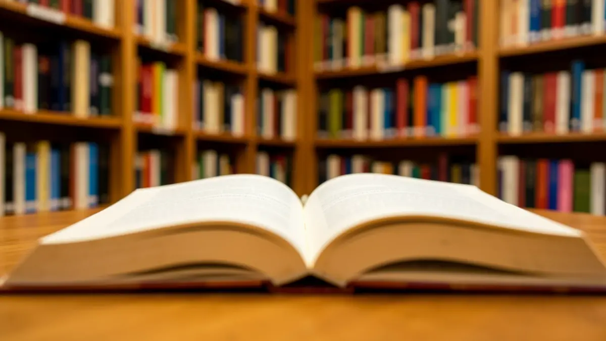 An open book on a wooden table with blurred bookshelves in a library in the background.