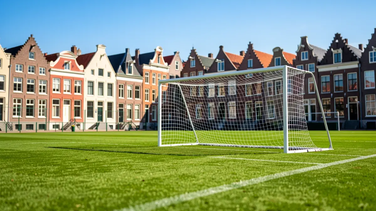 Een levendige Belgische Rode Hof met een voetbaldoel, tegen een achtergrond van typische Vlaamse architectuur en groene velden onder een heldere blauwe hemel. Het veld is leeg, wat de publieke toegankelijkheid benadrukt.