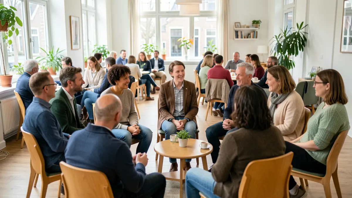 A group of diverse people sitting in a circle in a bright, welcoming room, listening attentively to each other. The atmosphere is supportive and safe.