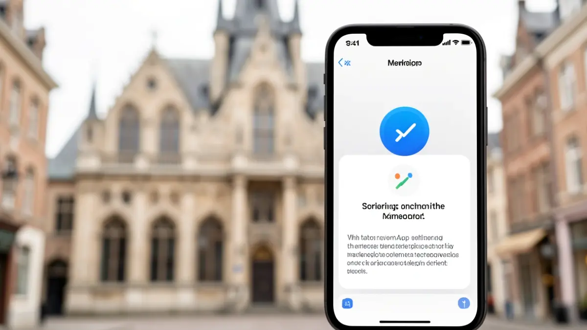 Smartphone screen showing a notification for a new app, with a Flemish town hall facade blurred in the background.