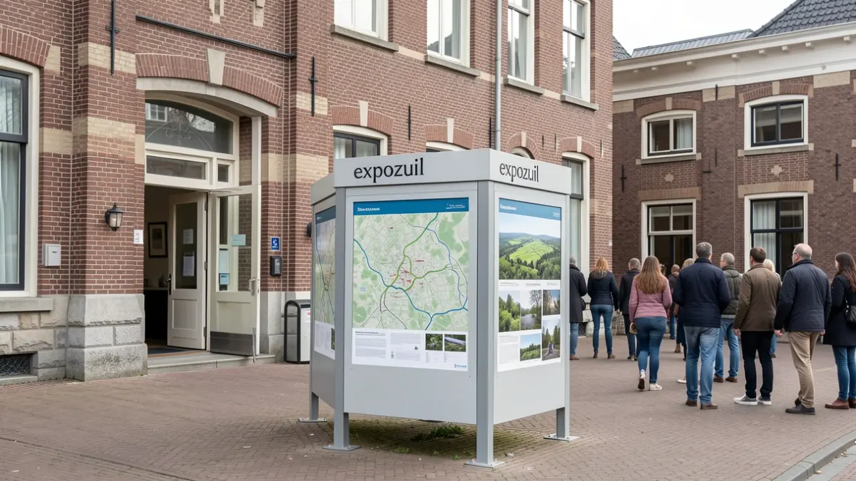 Een moderne expozuil met kaarten en foto's over openruimtecorridors bij de ingang van een Provinciehuis in Vlaanderen.