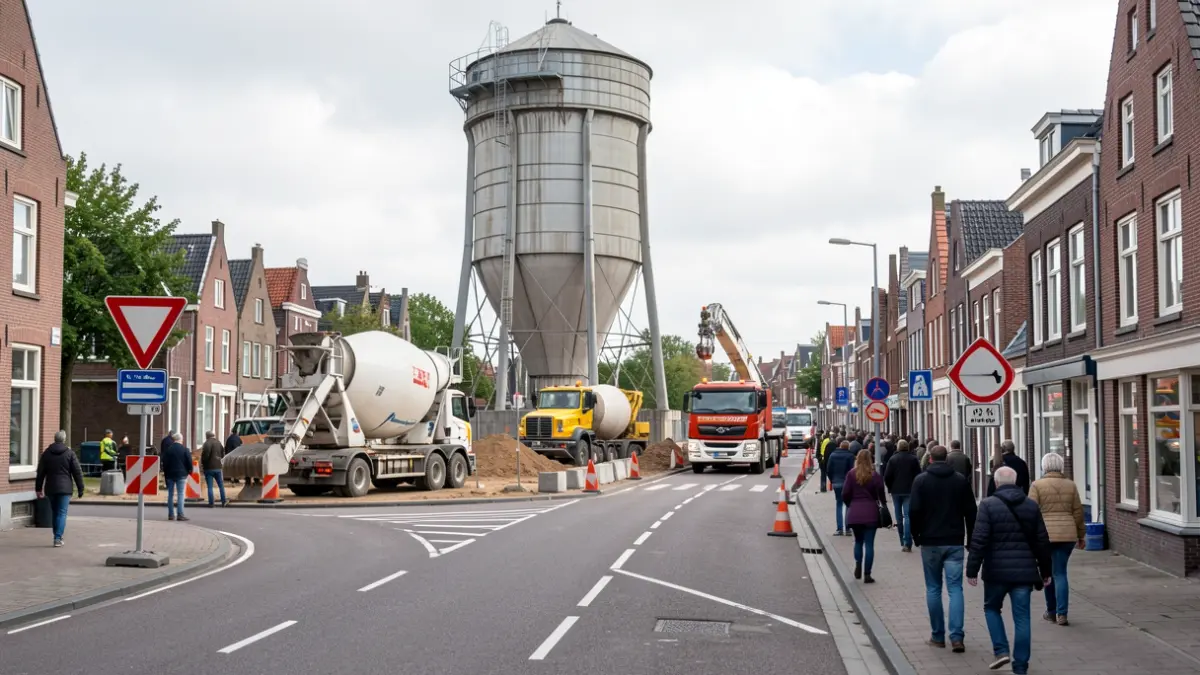 Bouwwerf aan een watertoren in een Vlaamse gemeente met werfverkeer en signalisatie.