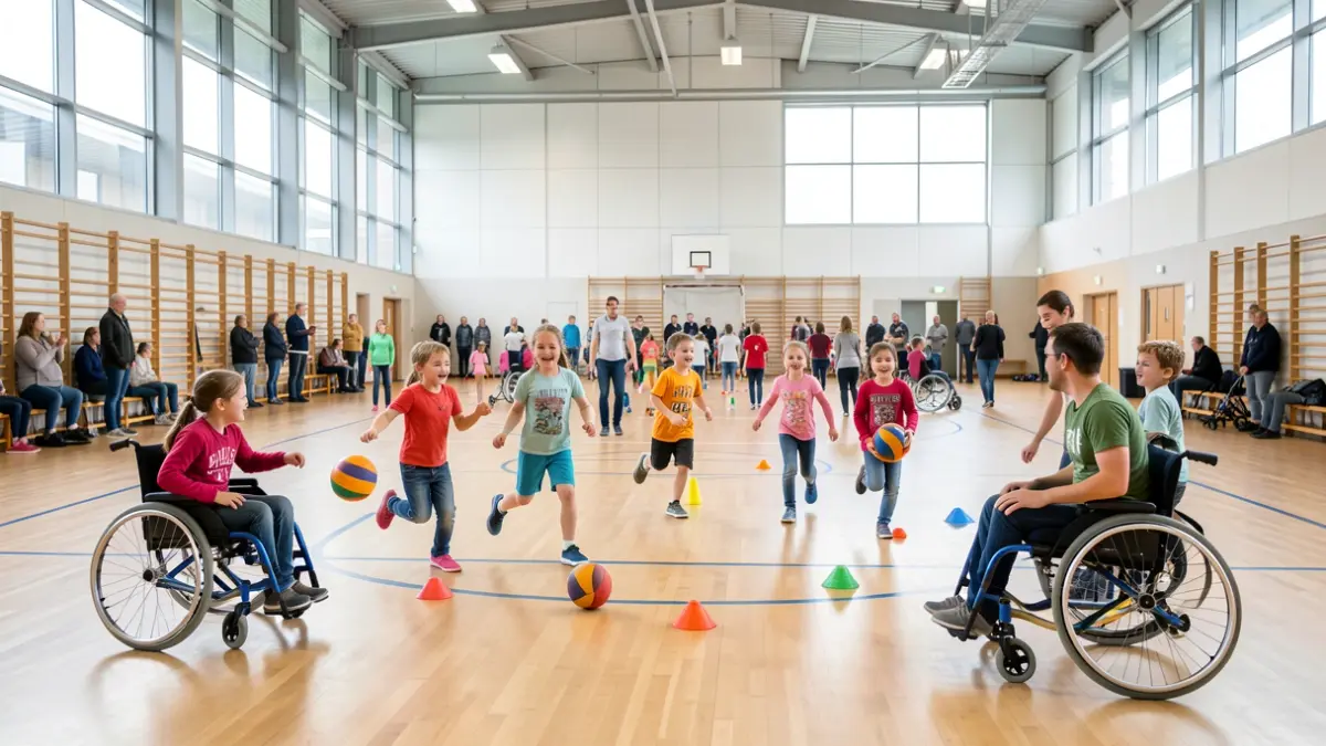 Children with disabilities participating in various sports activities in a sports hall.