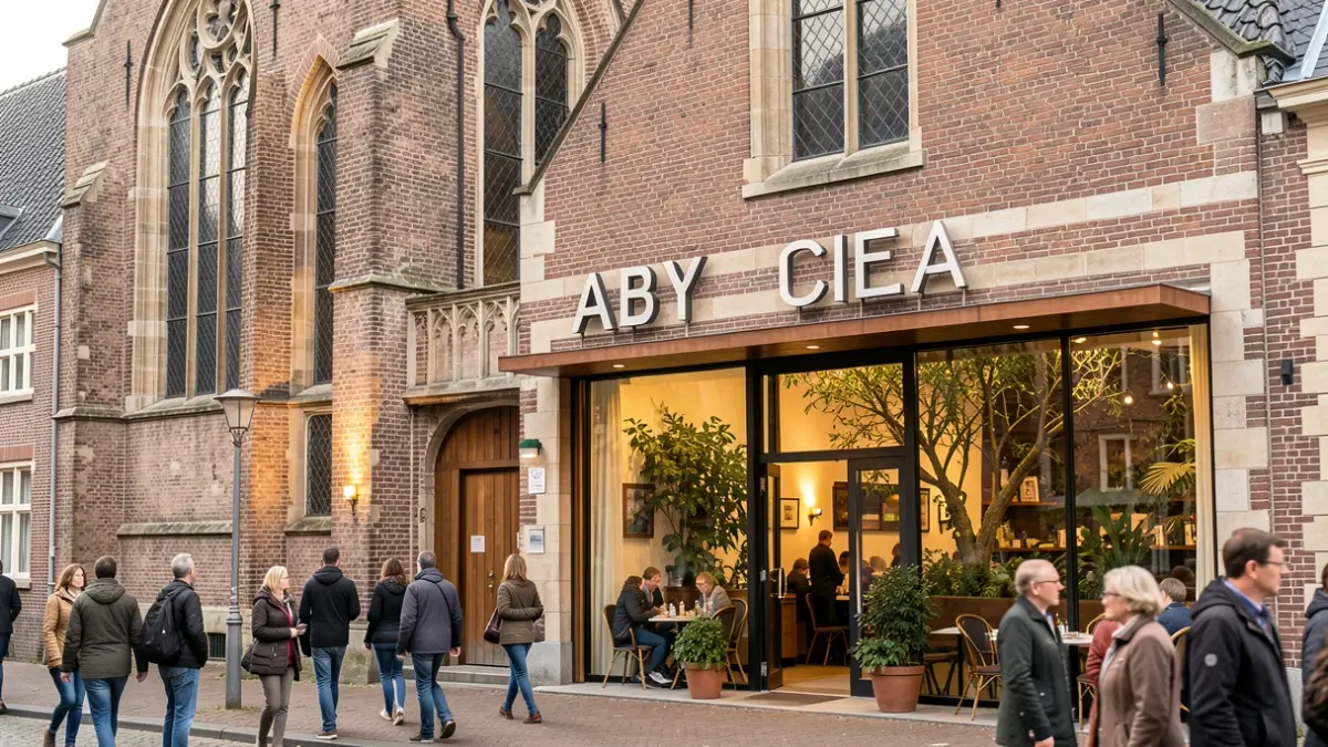 The Abby museum cafe in Kortrijk, showcasing a mix of historical and modern architecture, an inner garden, and a terrace.