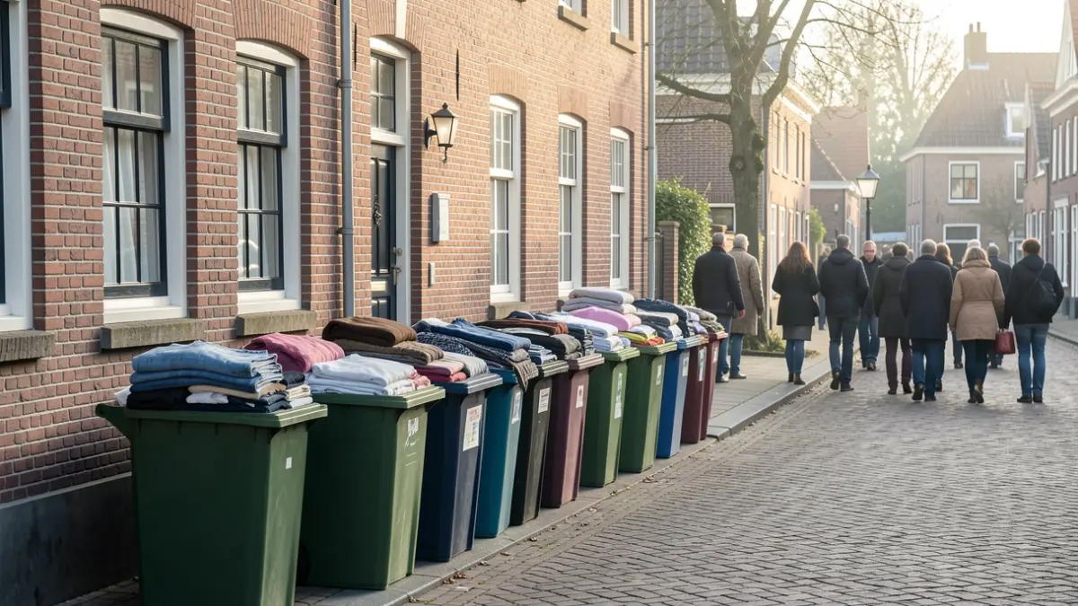 Textielinzamelbakken op een rij langs de straat in Lennik.