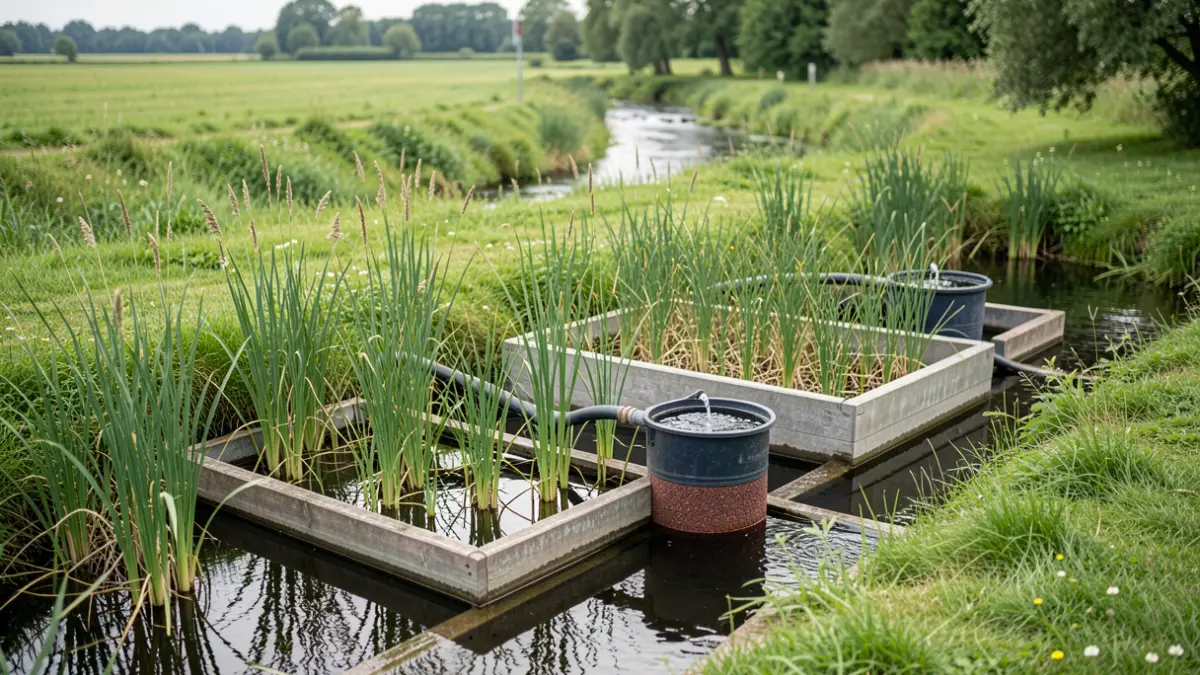 Natural water purification system with reed beds and iron sand filters along a stream in Flanders.