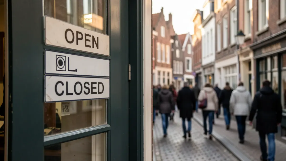 Een winkeldeur met 'Open' en 'Gesloten' aanduidingen, op een typische Vlaamse straat met traditionele architectuur.