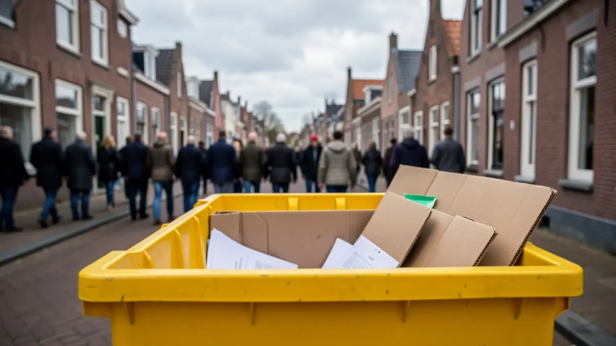 Een gele papiercontainer met een paar vellen papier, op een Vlaamse straat met bakstenen huizen en bewolkte hemel.