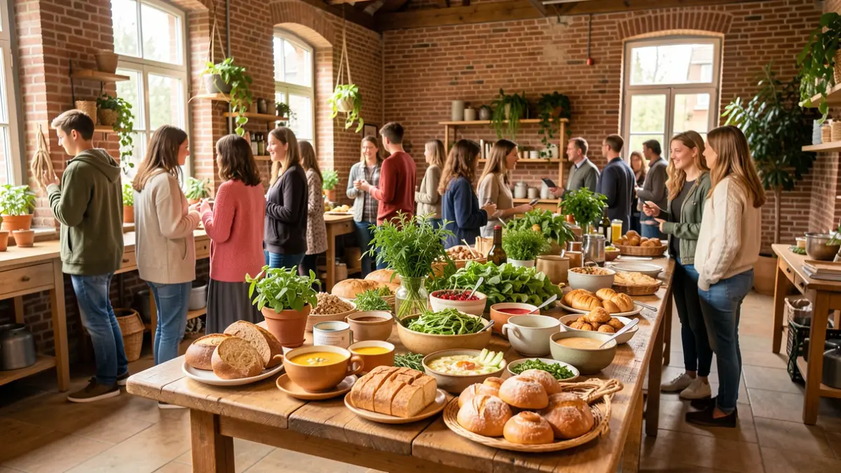 Een warme en uitnodigende scène in een gemeenschapscentrum met een tafel vol verse, seizoensgebonden gerechten. Jongeren interageren positief op de achtergrond, met subtiele natuurlijke elementen.