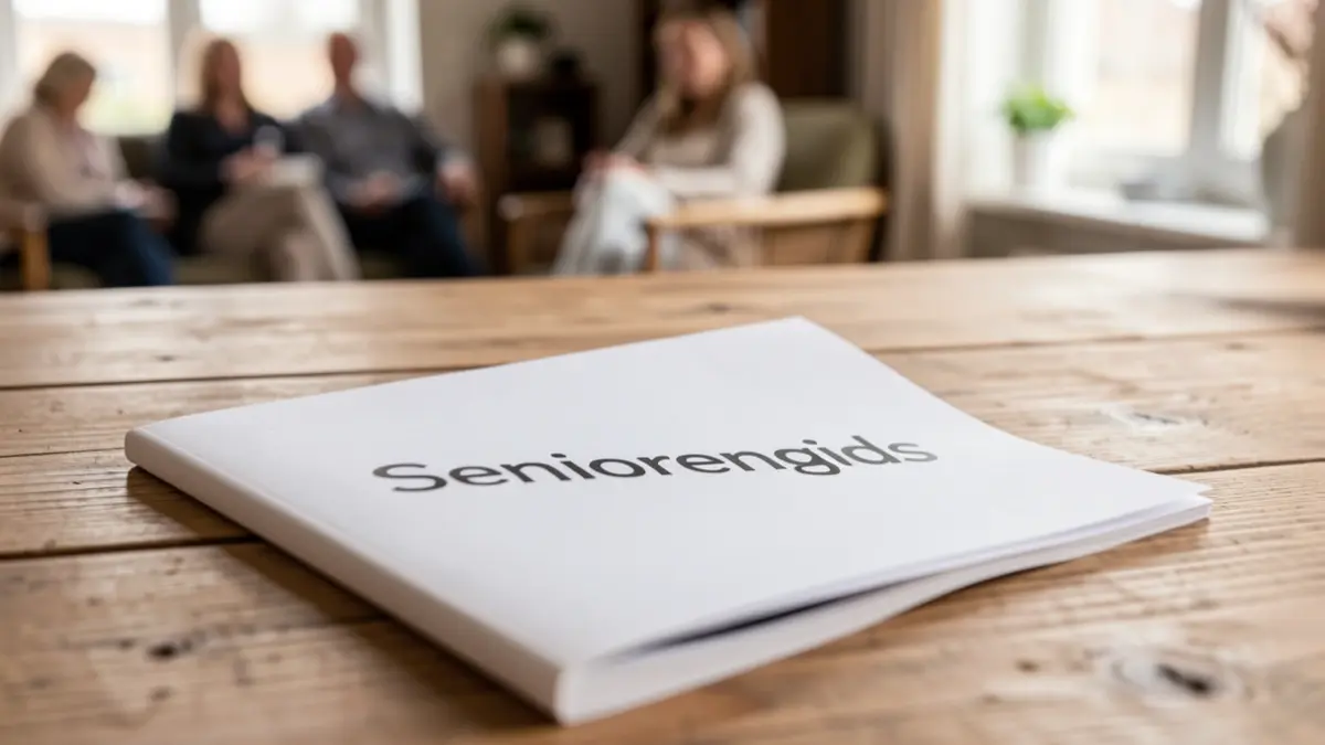 Close-up of a printed 'Seniorengids' on a wooden table, with soft light and a blurred background.