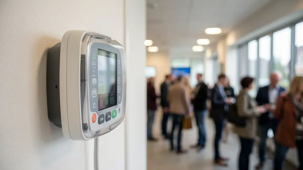 Generic image of an AED device in a public space in Flanders.