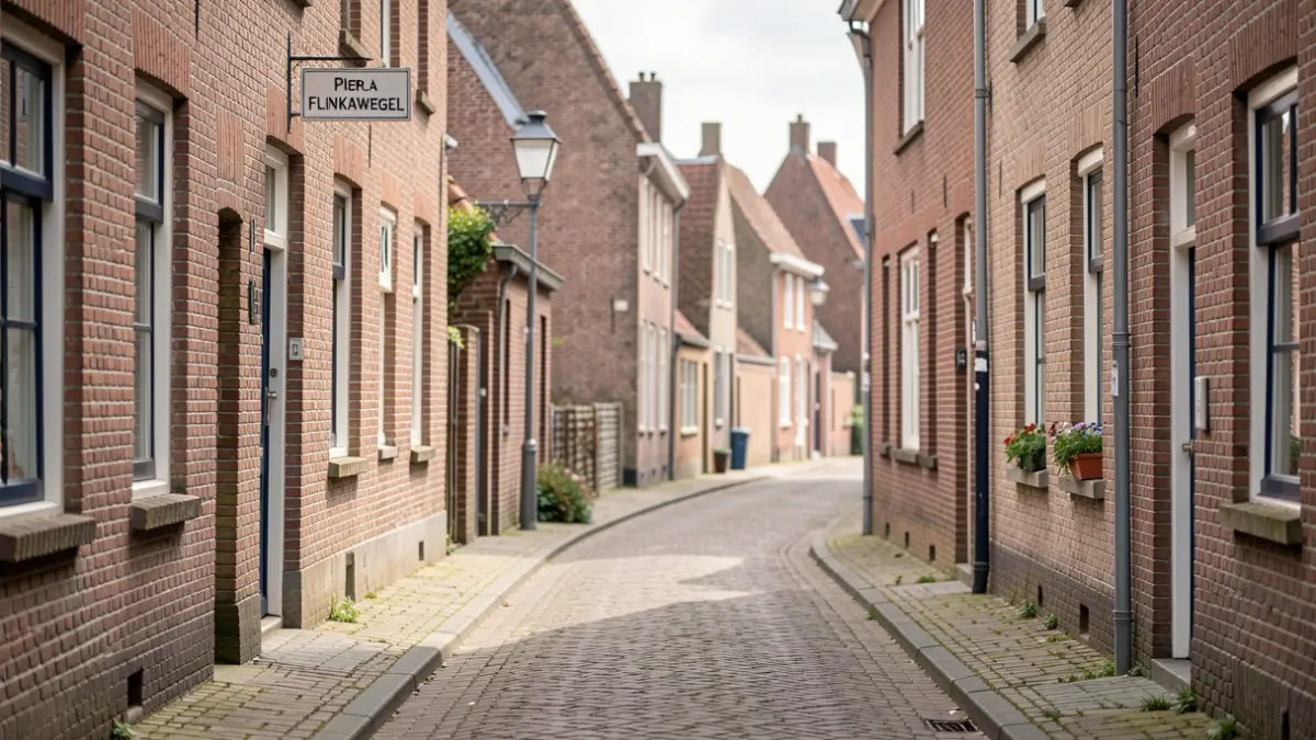 A narrow, quiet street in Flanders with traditional brick houses and a small sign indicating 'Pier la Flinkawegel', soft daylight illuminating the scene, a sense of local history.