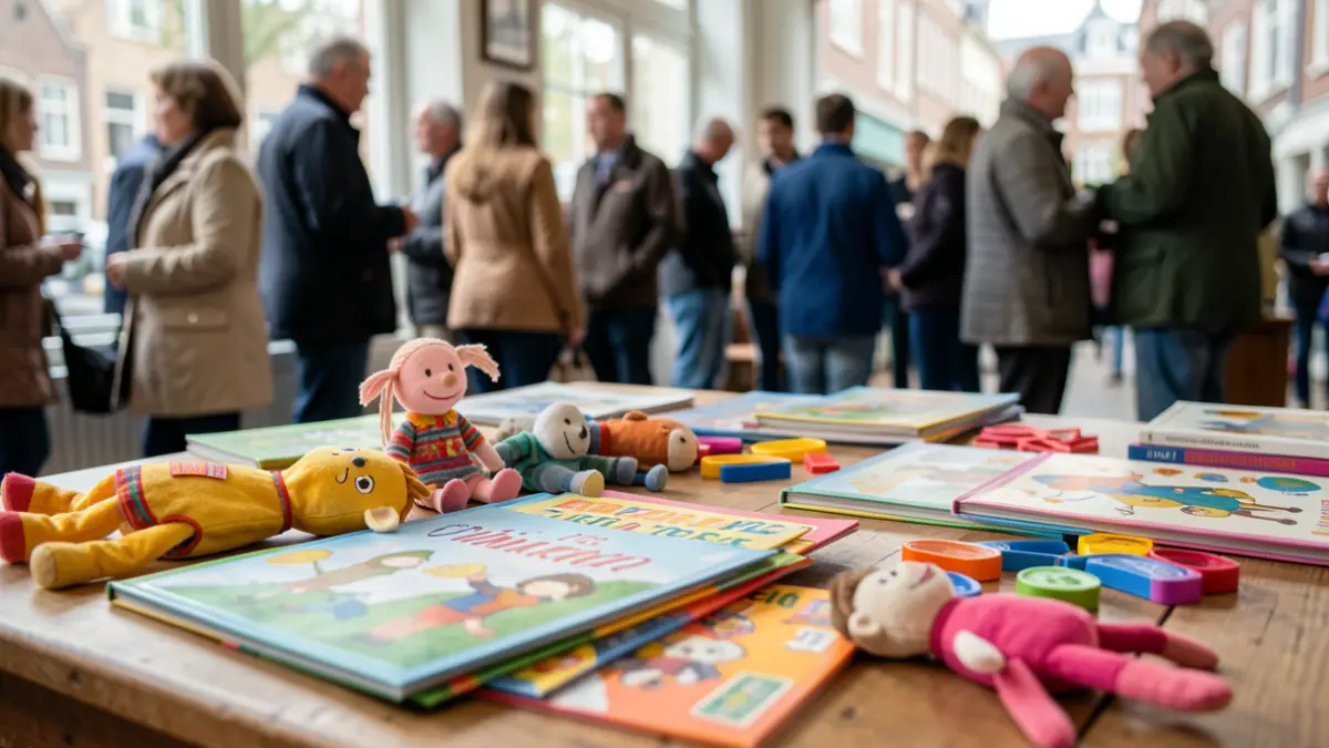A close-up of a colorful children's story kit with books, puppets, and craft materials on a wooden table.