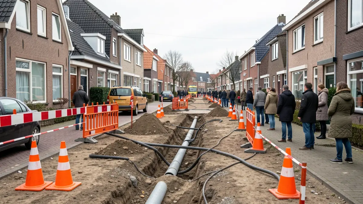 Generieke afbeelding van wegenwerken in een Vlaamse woonstraat met oranje verkeerskegels en leidingen die worden geplaatst.