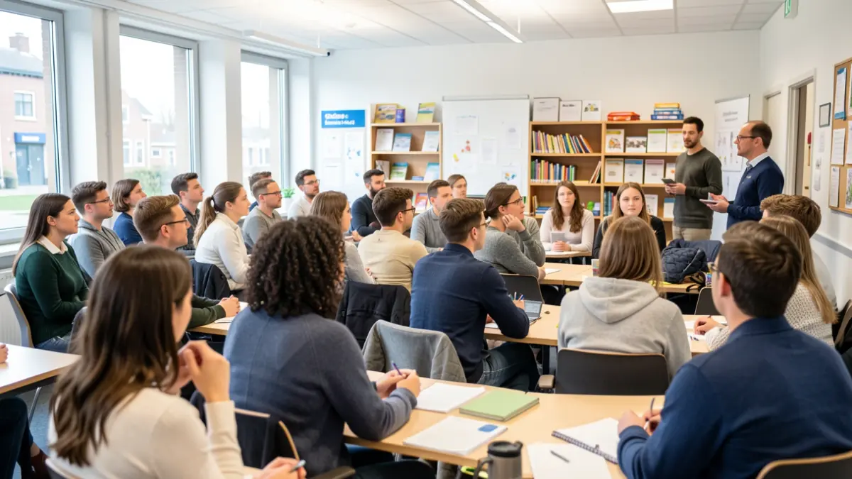 Group of students and professionals in a classroom at Odisee Campus Aalst during an information session.